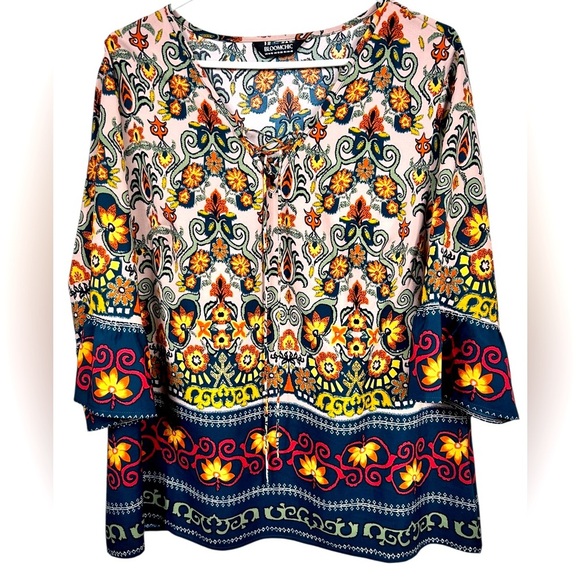 Boho tunic blouse, 14-16, bold pattern, bell sleeves, Flowy Romantic Garden Vibe - Picture 1 of 8